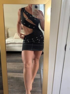 SHEIN Black Asymmetric Cutout Eyelet Mini Dress